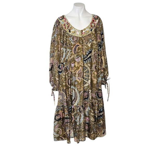 Twin-Set Simona Barbieri 100% Silk, Floral Tie Sleeve Dress, Sequin Embellish, S - Picture 1 of 7